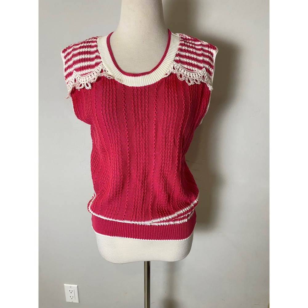 Vintage 70s Ostrich Pink Knit Sweater Vest Lace Trim Striped Sleeveless Top S